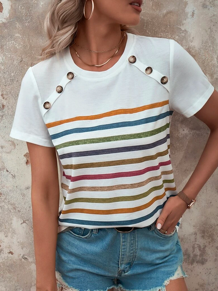 

Vacation Buttoned Color Block Striped Button Detail T-Shirt, White, T-Shirts