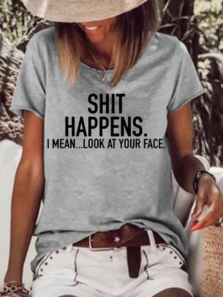 

Women's Funny Shit Happens Letters Casual T-Shirt, Gray, T-shirts