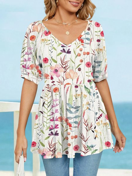 

V Neck Loose Vacation Floral Shirt, White, Shirts & Blouses