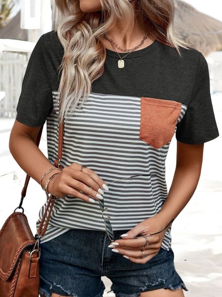

Crew Neck Geometric Loose Casual T-Shirt, Black, T-Shirts
