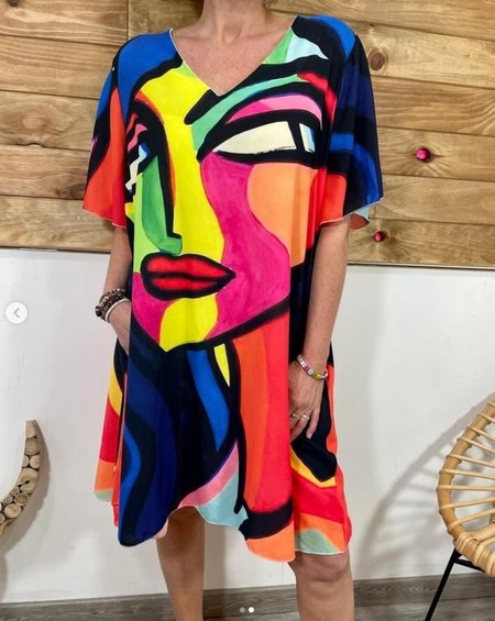 

Women's Artistic Portrait Print Casual Short Sleeve Dress, Blue, Dresses