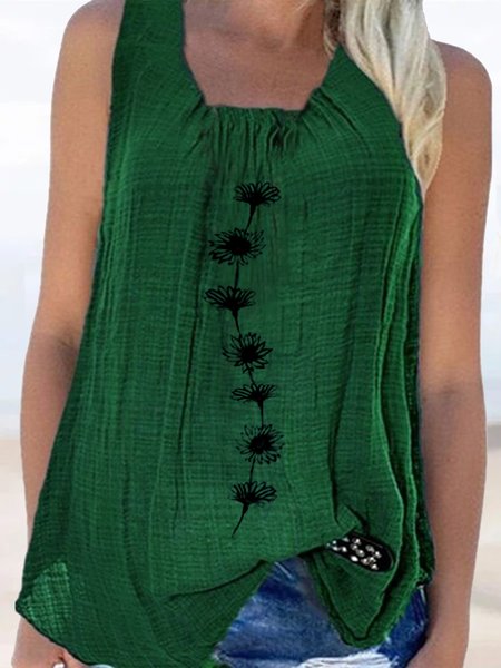 

Women Green Loose Ruched Crew Neck Floral Sleeveless Cotton Linen Tank Top, Tank Tops & Camis