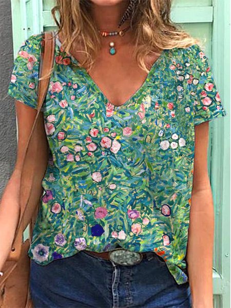 

Loose V Neck Casual Floral T-Shirt, Green, T-Shirts