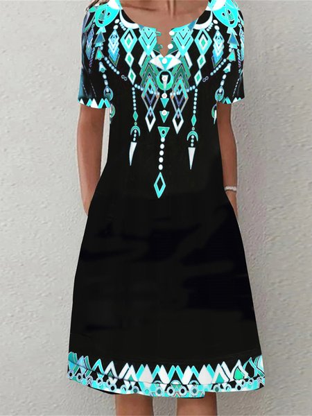 

Notched Ethnic Buttoned Dress, Black, Dresses