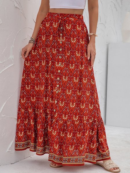 

Vacation Flouncing Ethnic Loose Buttoned Skirt, Red, Skirts
