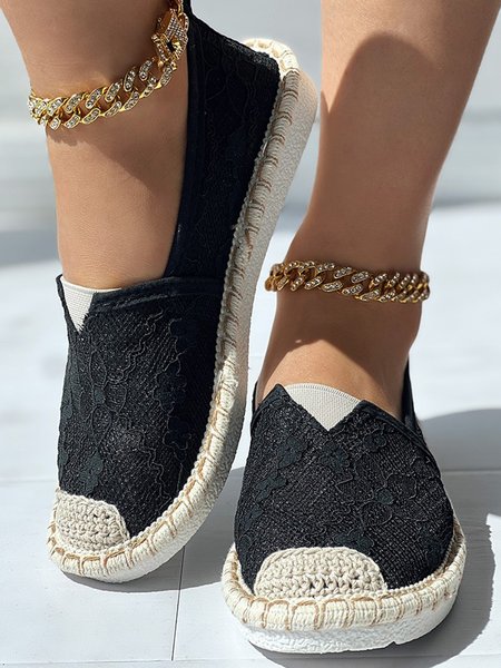 

Breathable Crochet Lace Slip-On Espadrilles, Black, Flats