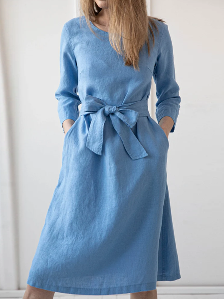

Linen Crew Neck Loose Dress, Blue, Mini Dresses