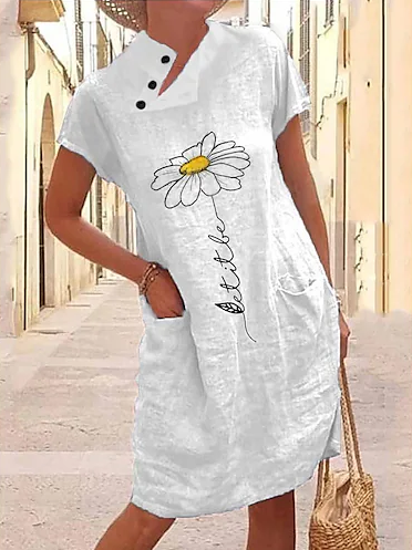

Linen Cotton And Linen Loose Half Open Collar Dress, White, Mini Dresses