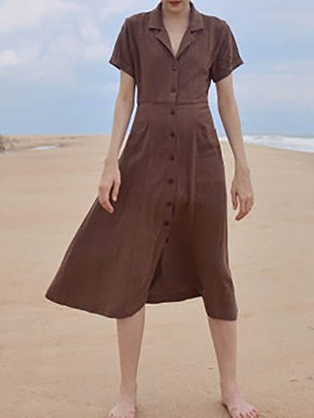 

Linen Regular Fit Cotton And Linen Plain Dress, Brown, Midi Dresses