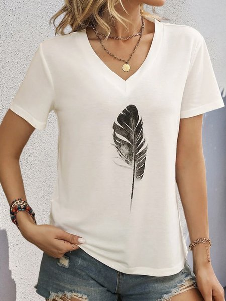 

Feather Pattern V Neck Loose Casual T-Shirt, White, T-Shirts
