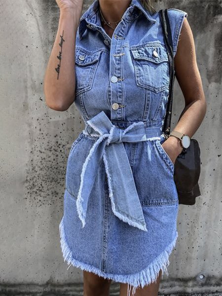 

Denim Shirt Collar Casual Denim Dress, Blue, Mini Dresses