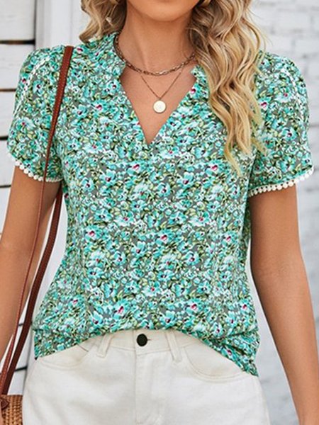 

Elegant Notched Loose Floral Shirt, Green, Shirts & Blouses