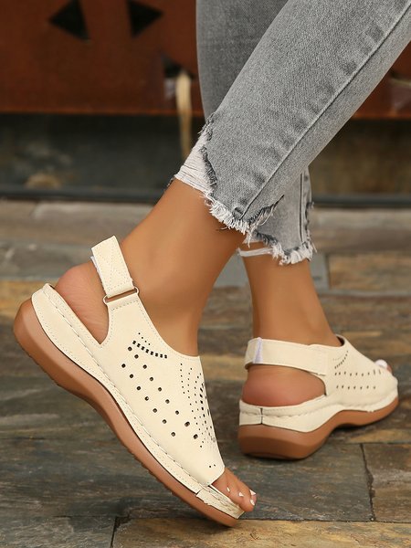 

Ethnic Pattern Breathable Hollow Retro Casual Wedge Sandals, Off white, Sandals