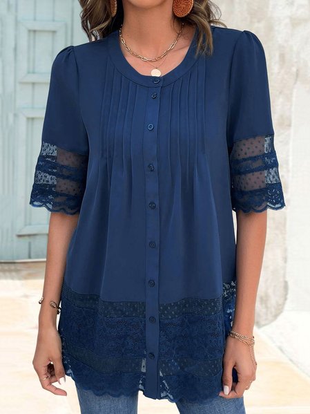 

Lace Crew Neck Casual Shirt, Blue, Shirts & Blouses
