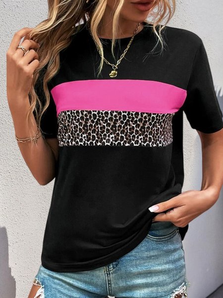 

Crew Neck Color Block Leopard Print T-Shirt, Pink, T-Shirts