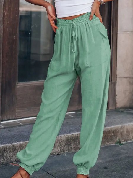 

Solid Color Cotton Comfortable Casual Trousers, Green, Pants