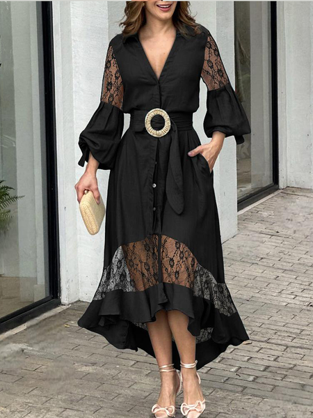 

Elegant V Neck Three Quarter Loose Plain Long Dress, Black, Maxi Dresses