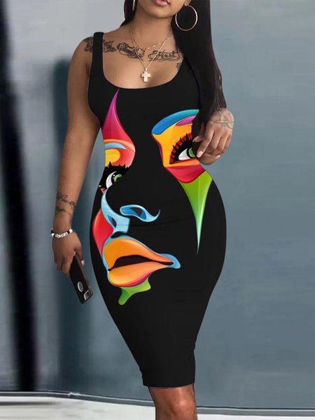 

Urban Regular Fit Face Print Sleeveless Dress, Black, Midi Dresses