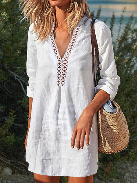 

Women Casual Hollow Out Lace V Neck 3/4 Sleeve Cotton And Linen White Dress, Mini Dresses