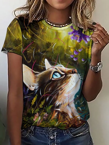 

Women‘s Crew Neck Funny Cat Loose Simple T-Shirt, Khaki, T-shirts