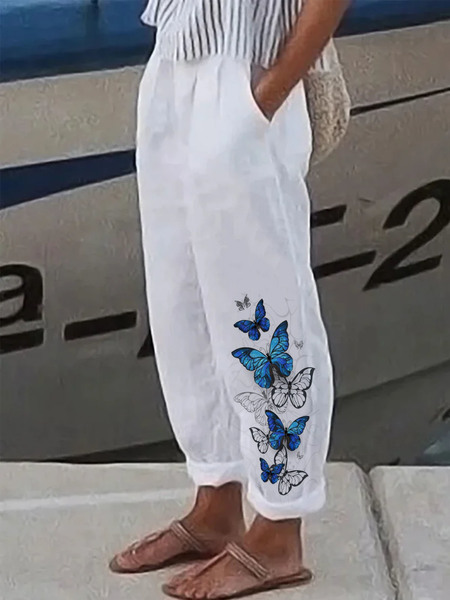

Plus Size Butterfly Casual Loose Cotton Pants, White, Pants