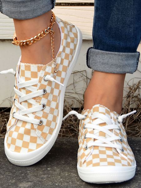 

Women's Checkerboard Print Casual Lace-Up Canvas Shoes, Khaki, Sneakers