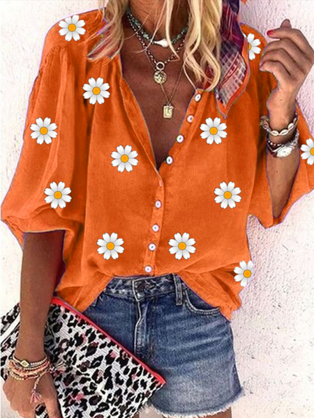 

Plus Size Loose Daisy V Neck Casual Blouse, Orange, Shirts & Blouses