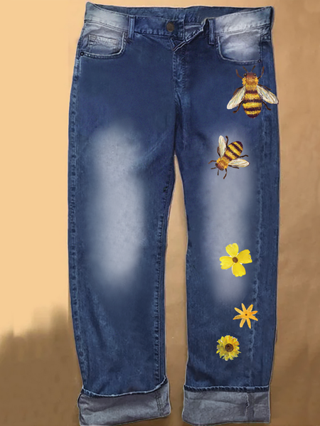 

Bee Daisy Denim Casual Loose Jeans, Blue, Jeans