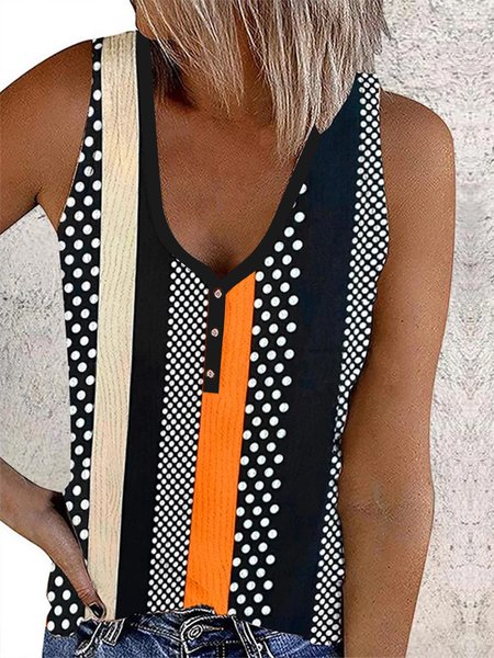 

Casual Geometric Buttoned Tank Top, Black, Tanks & Camis