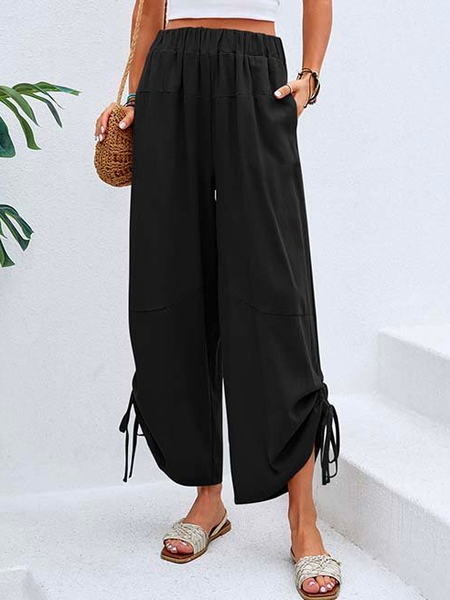 

Plain Casual Shirred Loose Side Tie Elastic Waist Pants, Black, Pants