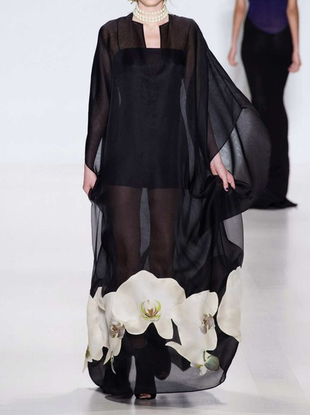 

Loose Elegant Floral Notched Dress, Black, Maxi Dresses