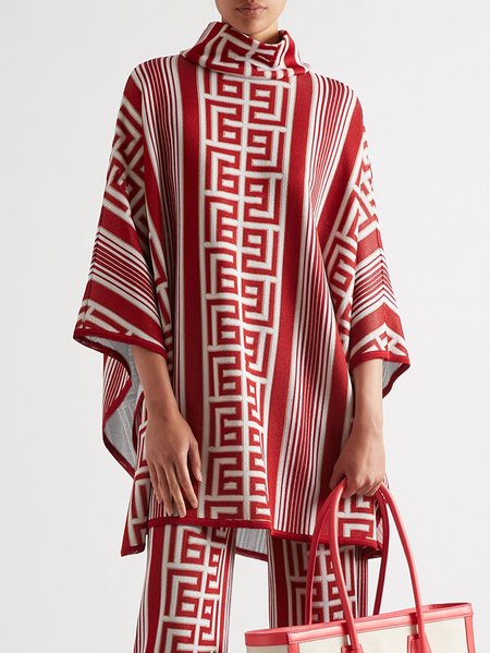 

Plus Size Turtleneck Casual Raglan Sleeves Loose Geometric Shirt, Red, Tops