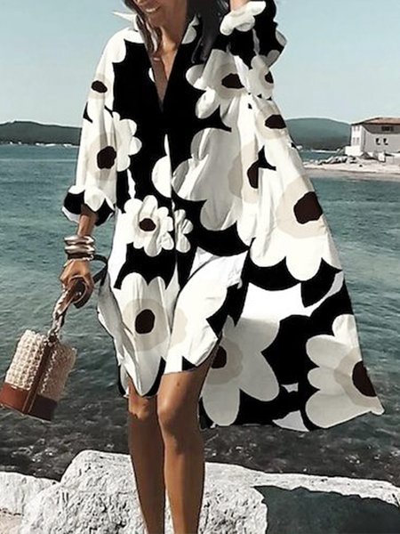 

Vacation Floral Shirt Collar Loose Dress, Black, Mini Dresses
