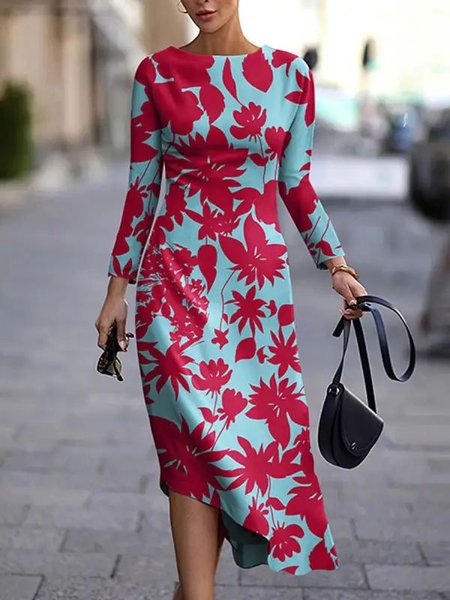 

Color Block Regular Fit Crew Neck Casual Dress, As picture, Midi Dresses