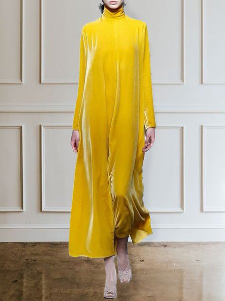 

Plus Size Loose Elegant Velvet Plain Dress, Yellow, Dresses