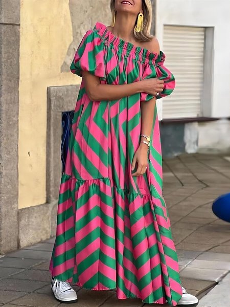 

Vacation Cold Shoulder Color Block Dress, As picture, Maxi Dresses