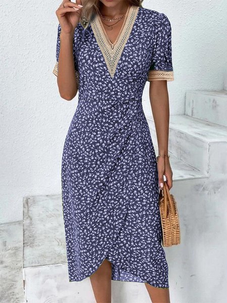 

Ditsy Floral Summer V Neck Lace Casual Dress, Blue, Dresses