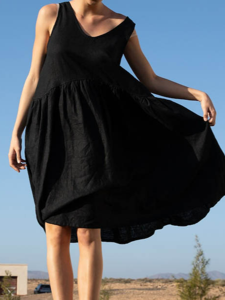 

Crew Neck Plain Linen Cotton And Linen Dress, Black, Mini Dresses