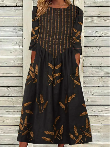 

Loose Vacation Floral Crew Neck Dress, Black, Dresses