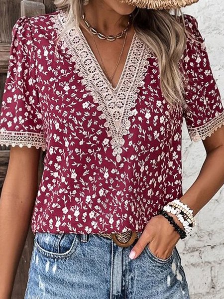 

Disty Floral V Neck Loose Boho Shirt, Wine red, Shirts & Blouses
