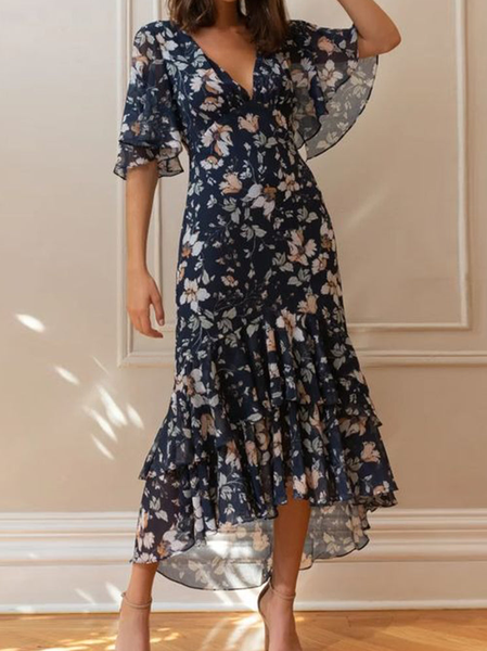 

Floral Elegant Chiffon Flare Sleeve Dress, Dark blue, Midi