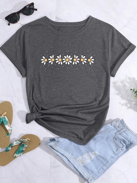 

Floral Print Crew Neck Loose Daisy Casual T-Shirt, Gray, T-Shirts
