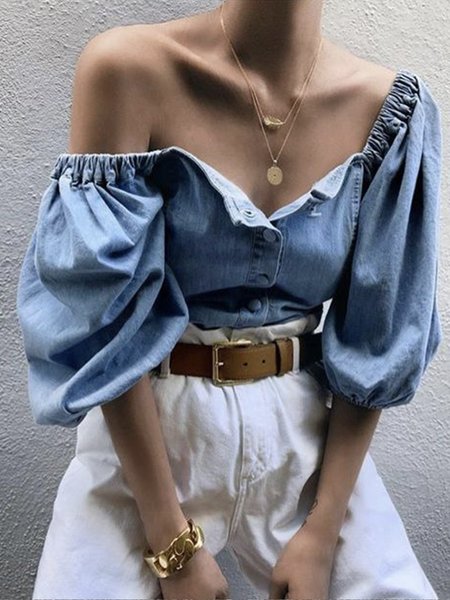 

Casual Cold Shoulder Regular Fit Denim Blouse, Blue, Blouses and Shirts