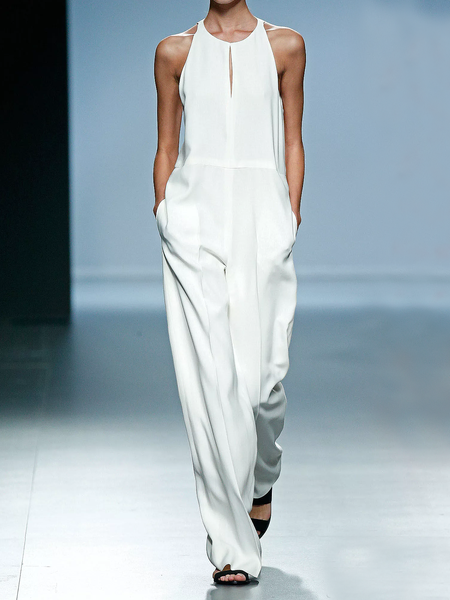 

Loose Lightweight Plain Urban Sleeveless Jumpsuit, White, Jumpsuits