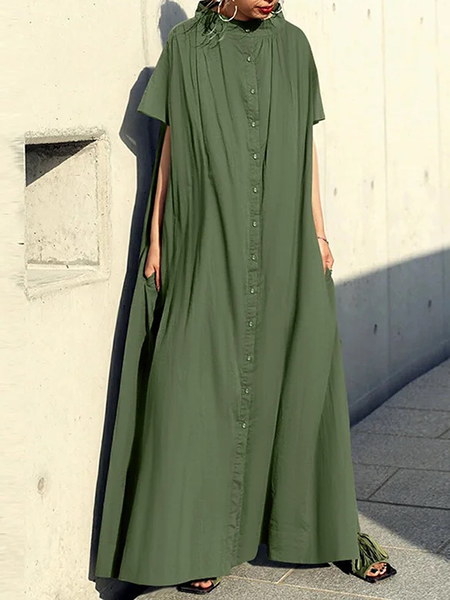 

Loose Short sleeve Urban Plain Stand Collar Long Dress, Army green, Maxi Dresses