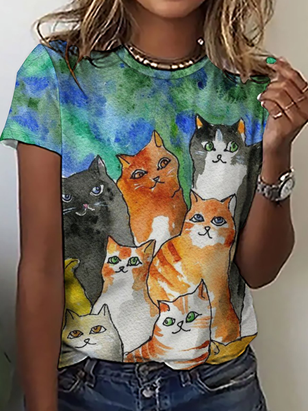 

Women's Cute Cat Simple Crew Neck Color Block T-Shirt, Blue, T-shirts