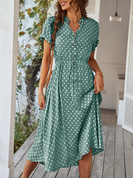 

Loose Casual Stand Collar Polka Dots Dress, Green, Dresses