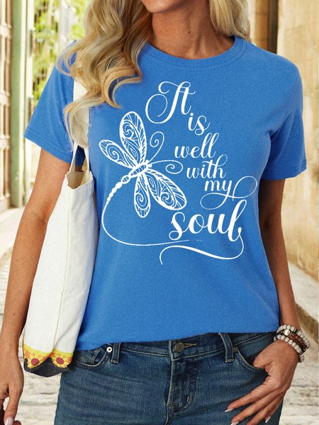 

Women's It Is Well Dragonfly Letters Cotton Casual T-Shirt, Blue, T-shirts