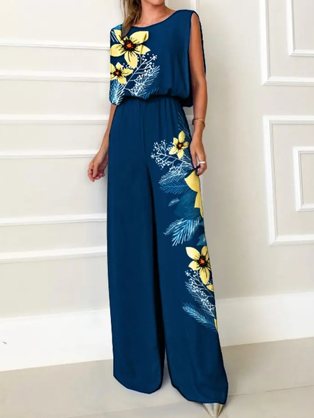 

Floral Casual Crew Neck Loose Jumpsuit, Dark blue, Jumpsuits＆Rompers