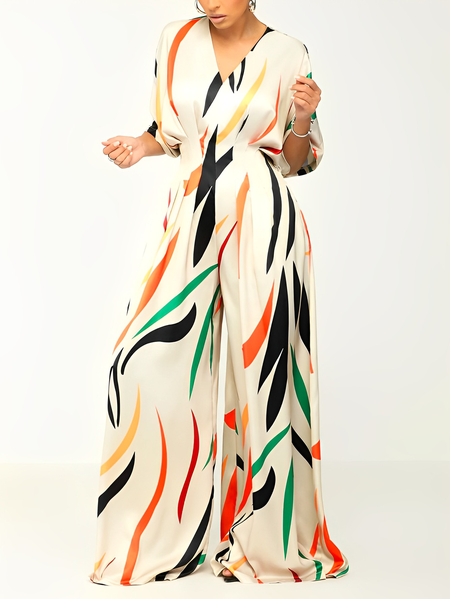 

Vacation V Neck Half Sleeve Abstract Jumpsuit, Multicolor, Jumpsuits